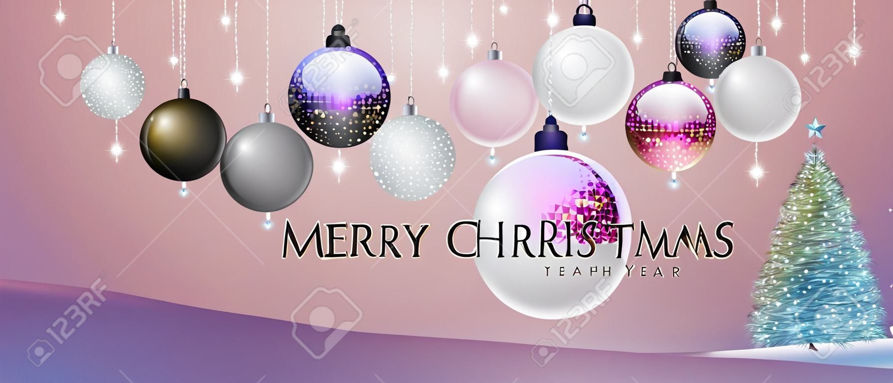 Wesołych świąt i szczęśliwego nowego roku plakat z dekoracjami świątecznymi. tło wakacje boże narodzenie. ilustracja wektorowa
