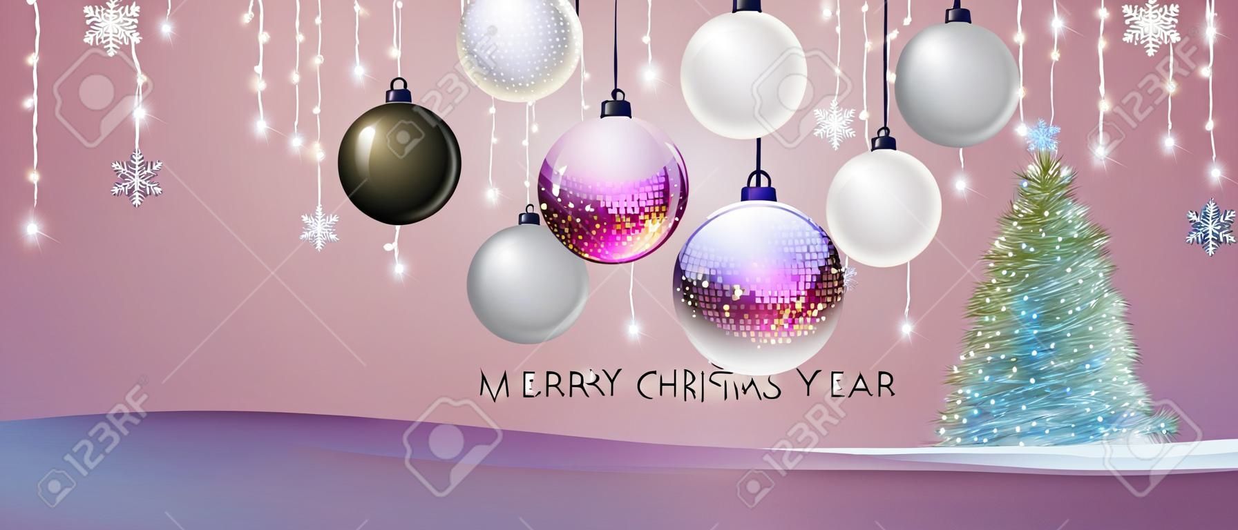 Feliz Natal e feliz cartaz de Ano Novo com decorações de férias de Natal. Fundo de feriado de Natal. Ilustração vetorial