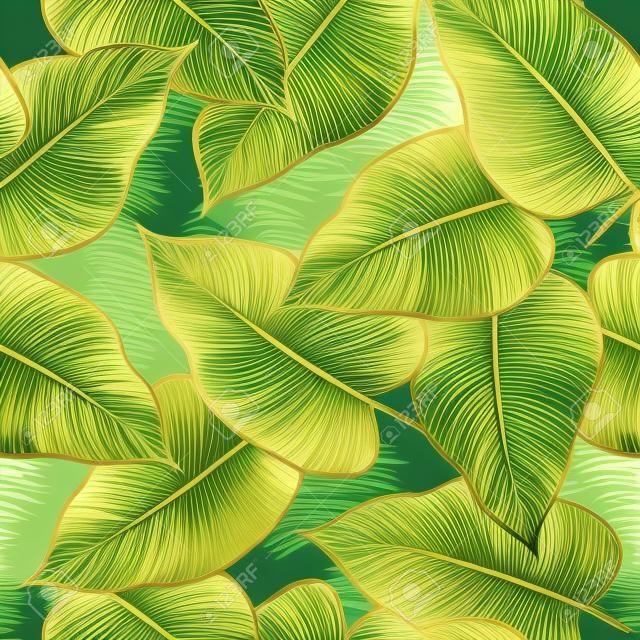 Luxury Seamless pattern with gold and green tropical leaves. vector illustration. summer background