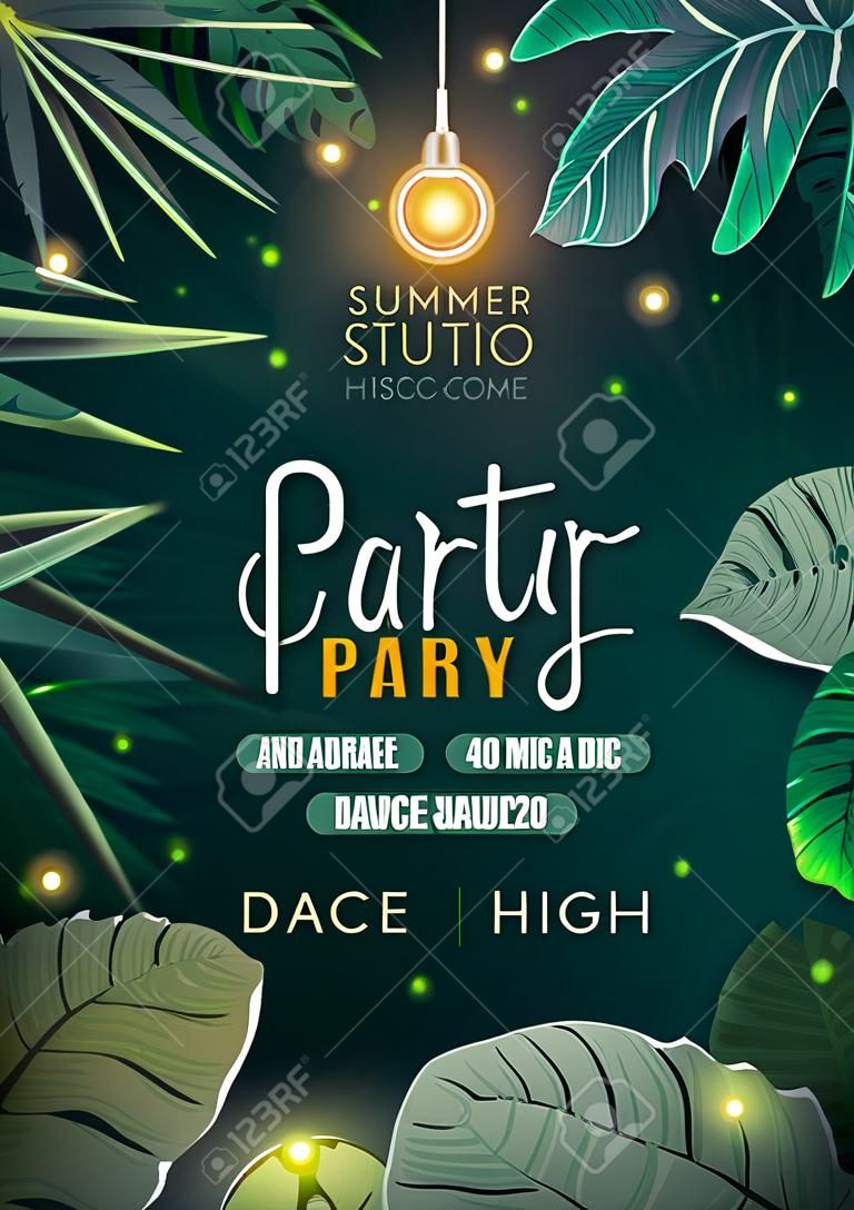 Sommer-Disco-Party-Poster mit tropischen Blättern und Lichterketten. sommer hintergrund. Vektor-Illustration