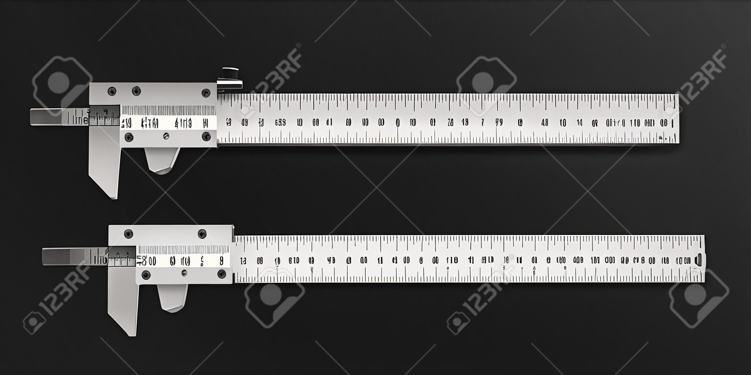 Calíper ou calíper - ferramentas de medição de regra de calíper, ferramenta de medição de dimensões de alta precisão isolada no fundo branco