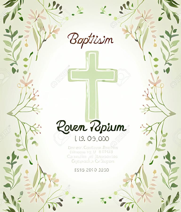 Красивая Крещение пригласительный билет с цветочным рисованной элементов акварель. Симпатичные и романтический стиль винтаж. Векторные изображения в светло-розовый и зеленый цвета.