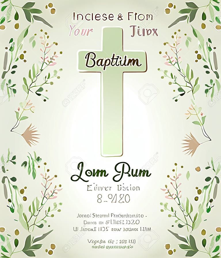 Beautiful Baptism invitation card with floral hand drawn watercolor elements. Cute and romantic vintage style. Vector image in light  pink and green colors.
