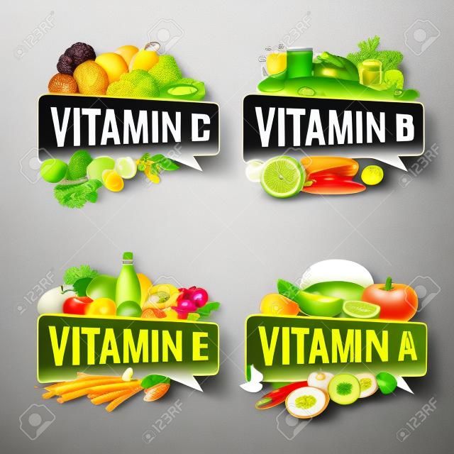 Vitamin banner, design illustrations with caption lettering and top foods highest in different vitamins.