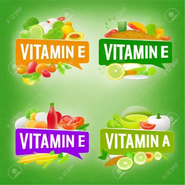 Bannière en vitamines, illustrations de design avec inscription en légende et aliments les plus riches en vitamines.