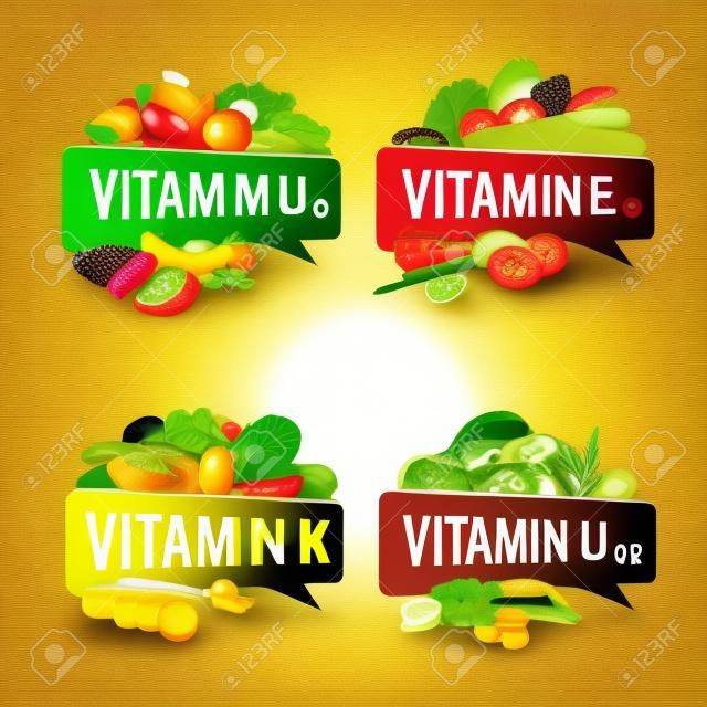 Banner de vitaminas, ilustrações de design com legendas e alimentos mais ricos em diferentes vitaminas.