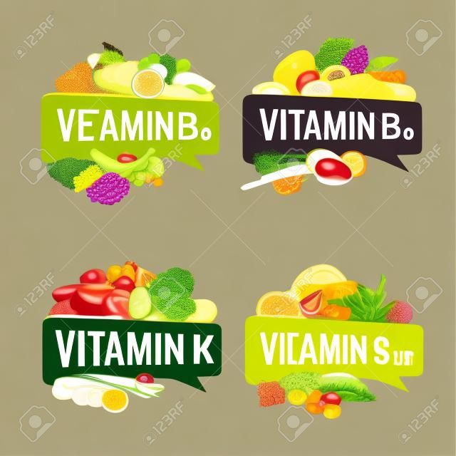 Bannière en vitamines, illustrations de design avec inscription en légende et aliments les plus riches en vitamines.