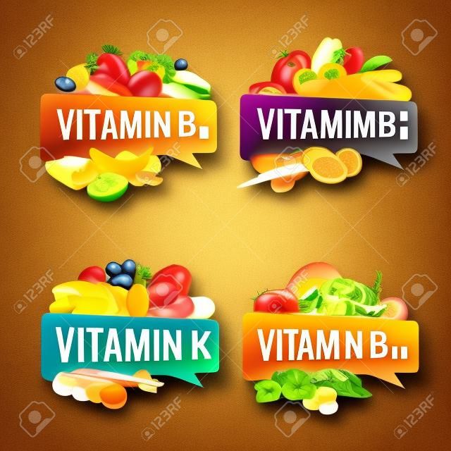 Banner di vitamine, illustrazioni di design con scritte di didascalia e cibi più ricchi di vitamine diverse.