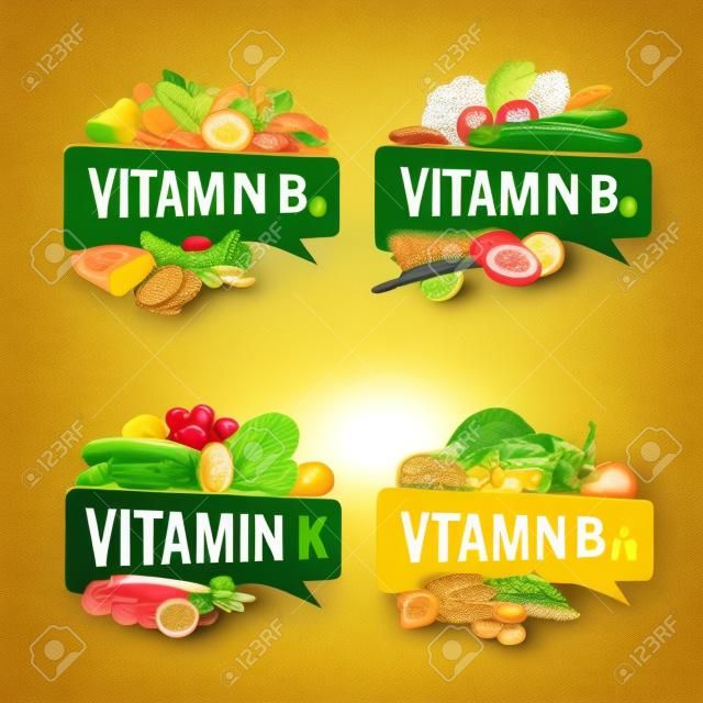 Banner di vitamine, illustrazioni di design con scritte di didascalia e cibi più ricchi di vitamine diverse.