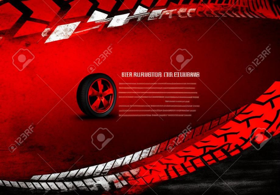 矢量汽车横幅模板。垃圾轮胎跟踪景观海报，数字横幅，传单，小册子，小册子和网页设计的背景。红色和白色的可编辑图形图像