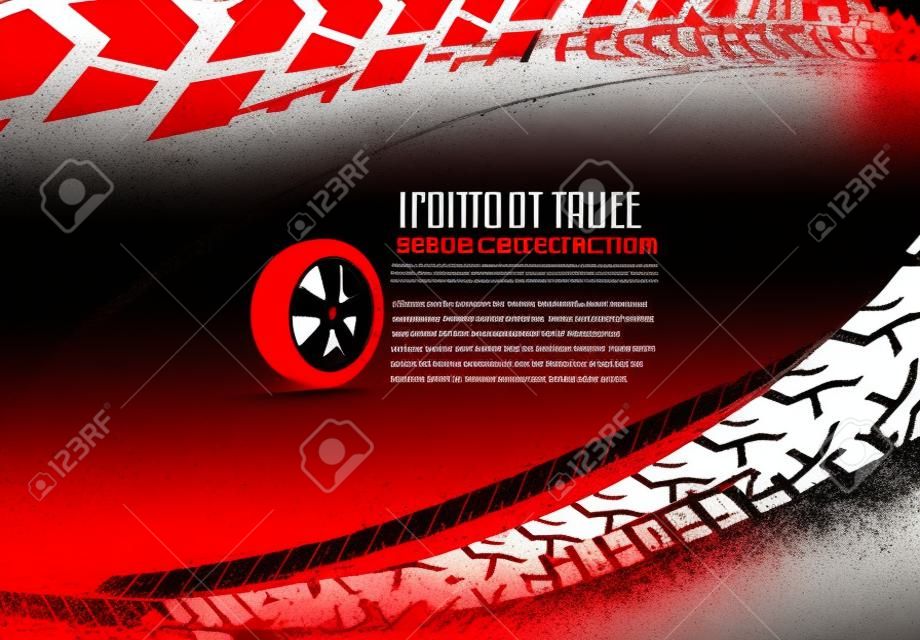 Vector automotive banner template. Grunge band tracks achtergronden voor landschap poster, digitale banner, flyer, boekje, brochure en web design. Bewerkbare grafische afbeelding in rode en witte kleuren
