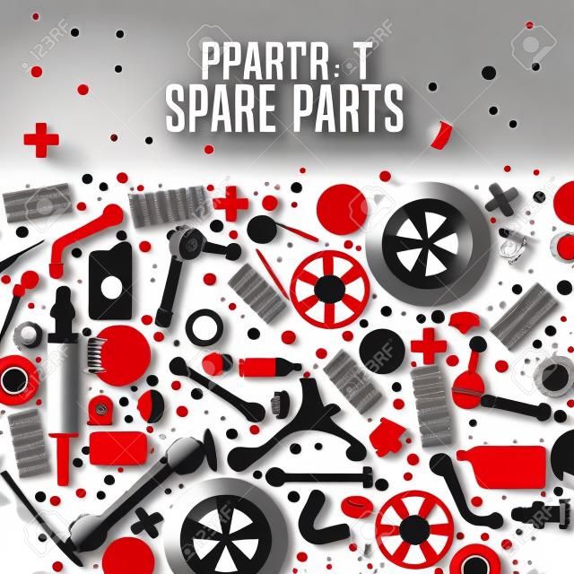 Spare parts, expertise and service poster. Creative background useful for print, leaflet or brochure design. Editable vector illustration an grey, black and red colors.