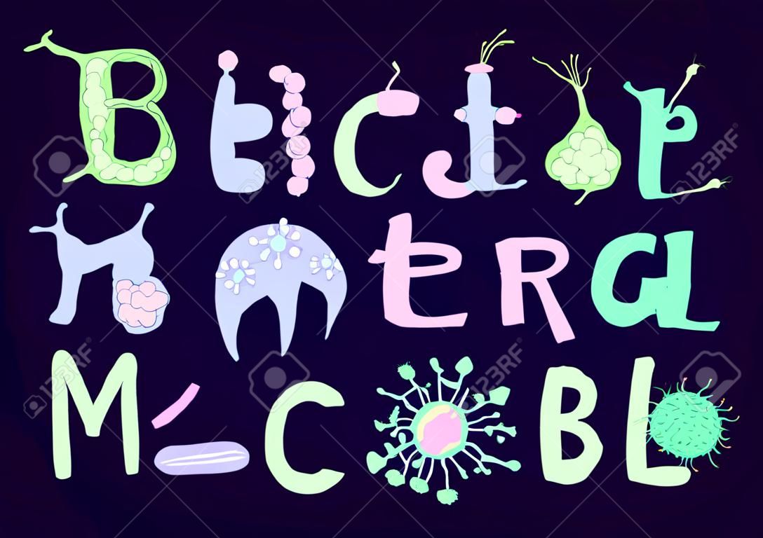 Batteri biologici e scritte di microbi con cellule e germi. Lettere disegnate a mano uniche per il design di microbiologia. Illustrazione vettoriale modificabile nei colori blu, verde, rosa isolato su sfondo scuro.