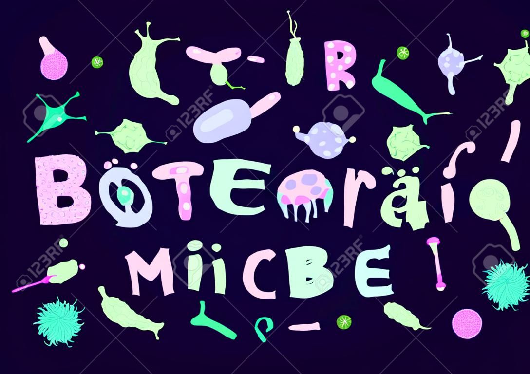 Batteri biologici e scritte di microbi con cellule e germi. Lettere disegnate a mano uniche per il design di microbiologia. Illustrazione vettoriale modificabile nei colori blu, verde, rosa isolato su sfondo scuro.