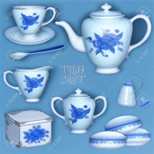 Set van geïsoleerde blauwe porseleinen thee service pictogrammen