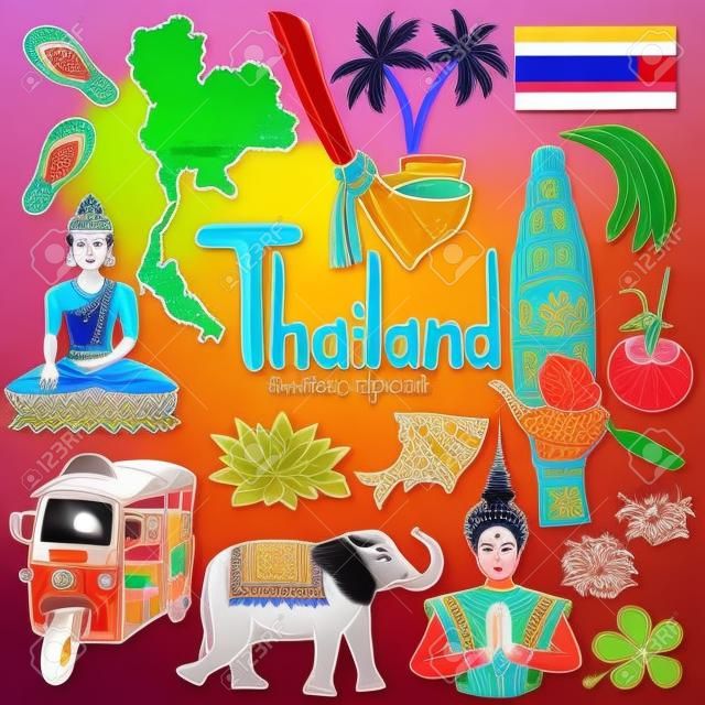 Coleção colorida divertida do esboço de ícones de Tailândia, alfabeto de países