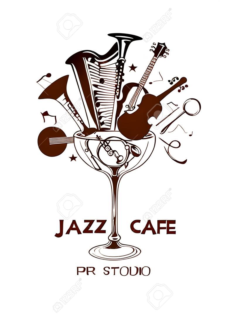 Ilustracja z instrumentów muzycznych w kieliszku koktajlowym. Jazz Cafe koncepcja. Musical kreatywne zaproszenia, etykiety lub Menu