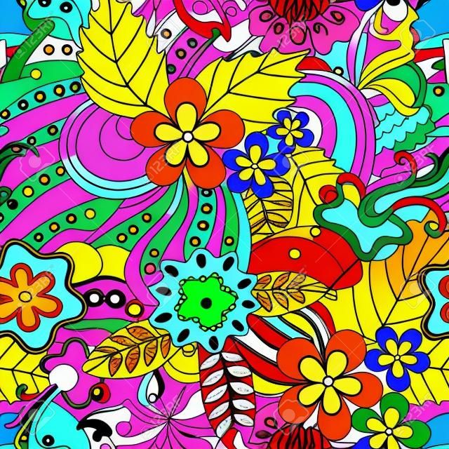 Abstract psychedelisch naadloos patroon. Kleurrijke zomer bloemen achtergrond.