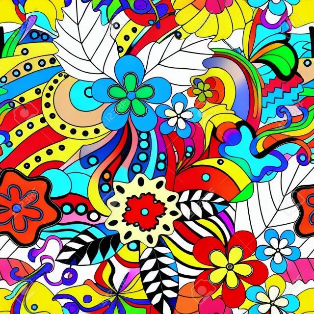 Abstract psychedelisch naadloos patroon. Kleurrijke zomer bloemen achtergrond.
