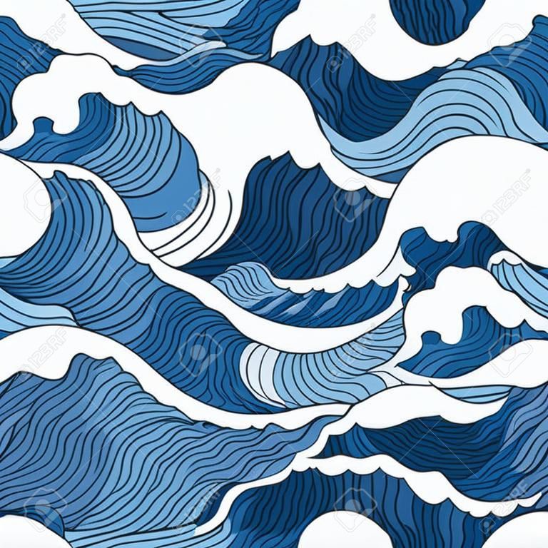 Japanese abstract blue and white wave seamless pattern.