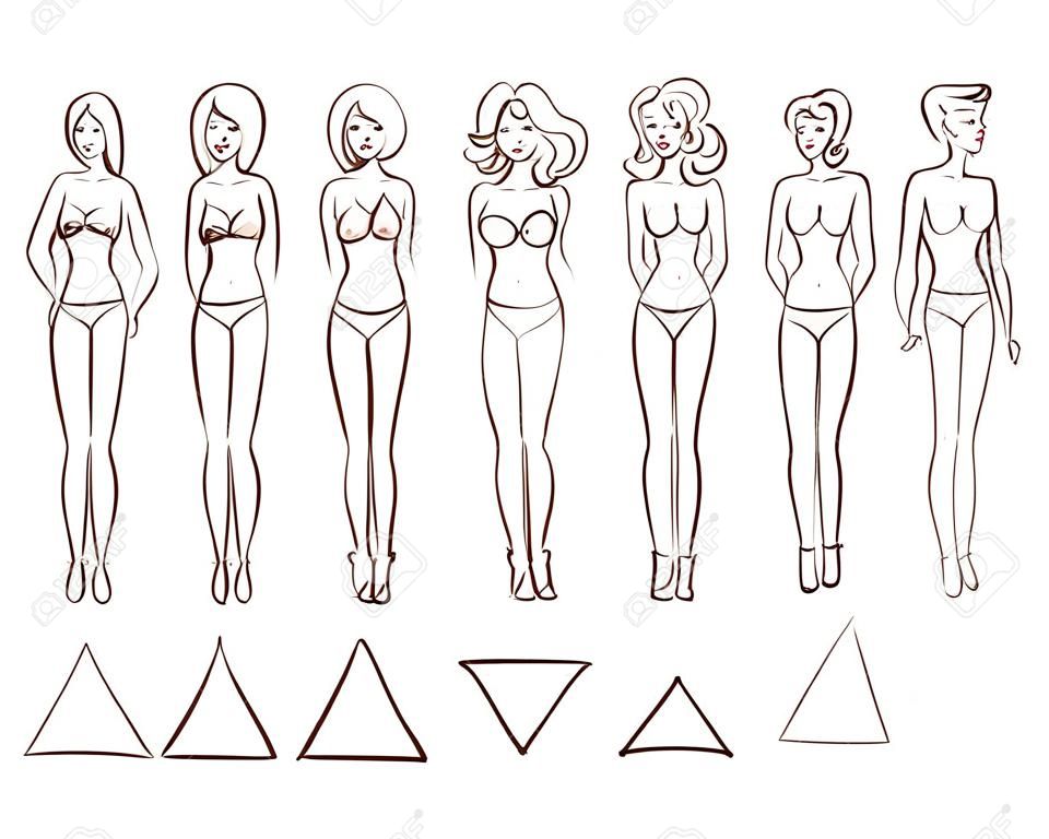 Szkic cartoon zestaw pojedynczych typów kobiecych kształtów ciała. Okrągły (jabłko), trójkąt (gruszka), klepsydra, prostokąt i trójkąt odwrócony rodzaje nadwozia.