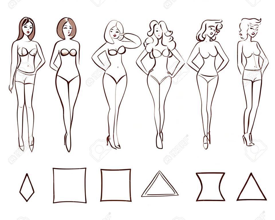 Эскиз мультфильм набор изолированных женщин типов фигуры. Круглый (яблоко), треугольник (груша), песочные часы, прямоугольник и перевернутый треугольник типа тела.
