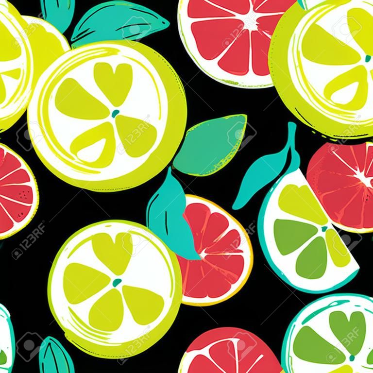 Abstract bright colorful lemon seamless pattern. Hand drawn brush grunge citrus fruit background.