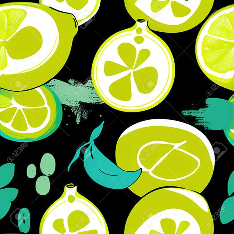 Abstract bright colorful lemon seamless pattern. Hand drawn brush grunge citrus fruit background.