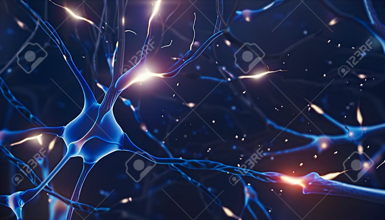 3d illustration of neuron cells with light pulses on a dark background.
