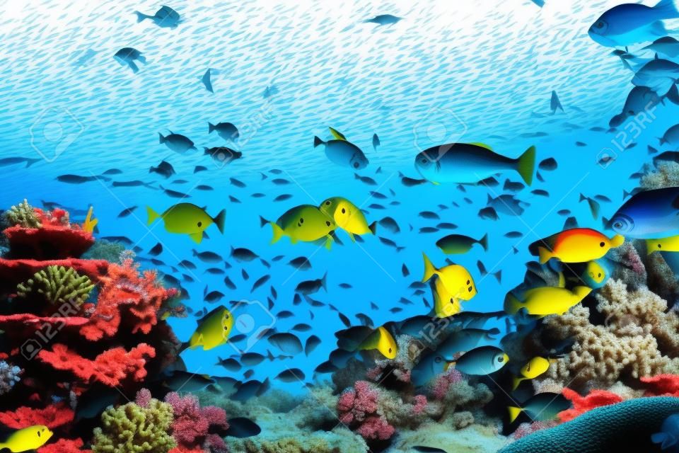 Shoal group of many red yellow tropical fishes in blue water with coral reef, colorful underwater world, copyspace for text, background wallpaper