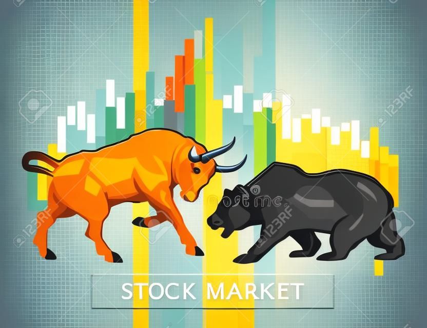 Stier en beer, symbolen van de aandelenmarkt trends. Vector illustratie
