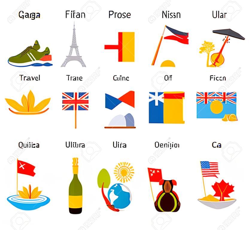 Set van composities met vlaggen van verschillende landen. Reis symbolen, attributen en souvenirs. Vector illustratie over het thema toerisme. Template voor reisbureau.