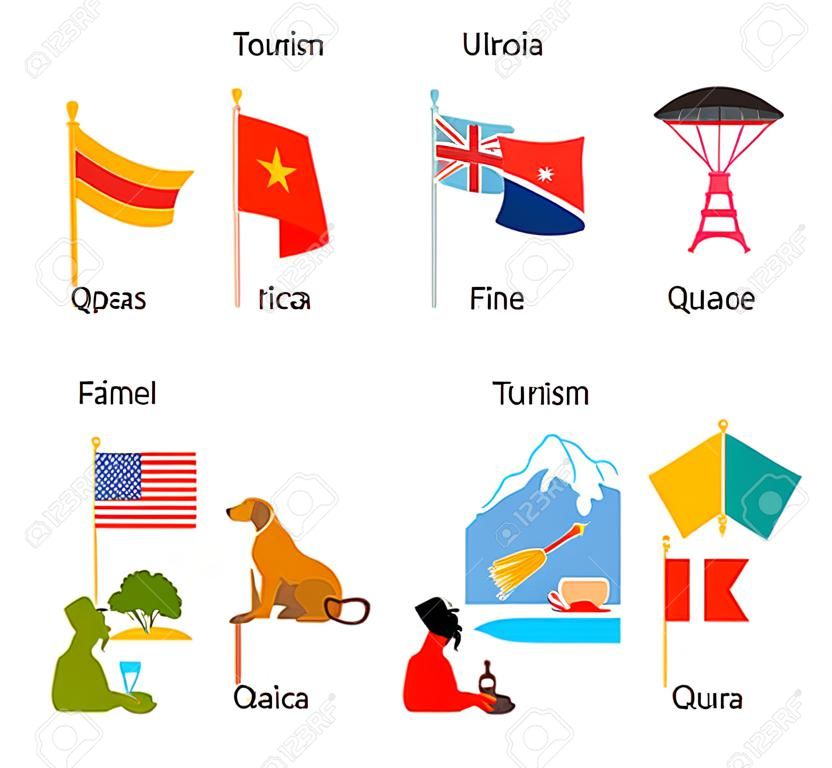 Set van composities met vlaggen van verschillende landen. Reis symbolen, attributen en souvenirs. Vector illustratie over het thema toerisme. Template voor reisbureau.