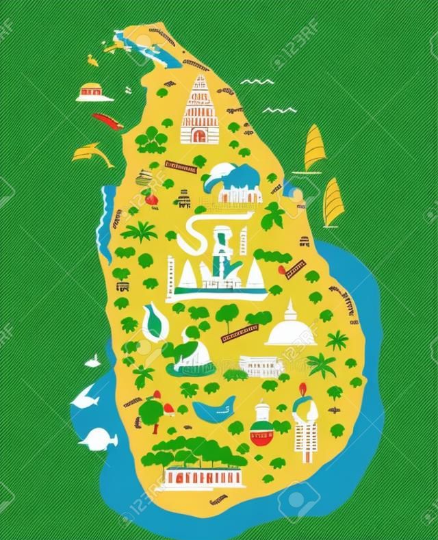 Touristische Karte von Sri Lanka mit handgezeichneten Symbolen, Sehenswürdigkeiten und Schriftzügen. Helle Vektorillustration im flachen Cartoon-Stil. Plakat mit Ceylon.