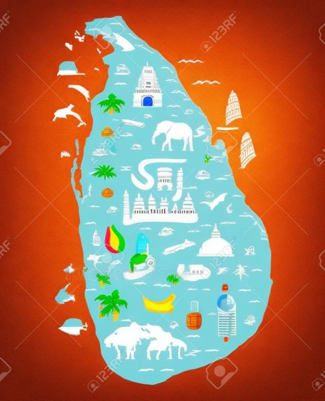 Mapa turístico do Sri Lanka com símbolos desenhados à mão, marcos e letras. Ilustração vetorial brilhante em estilo de desenho animado plano. Cartaz com Ceilão.