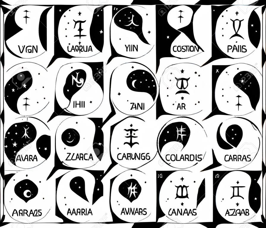 Vector silhouette design of zodiac symbols. Yin yang design with constellations. Horoscope symbols.