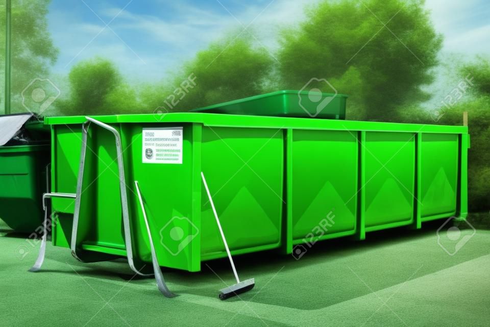 Gran contenedor de basura verde en la estación de clasificación de residuos local.