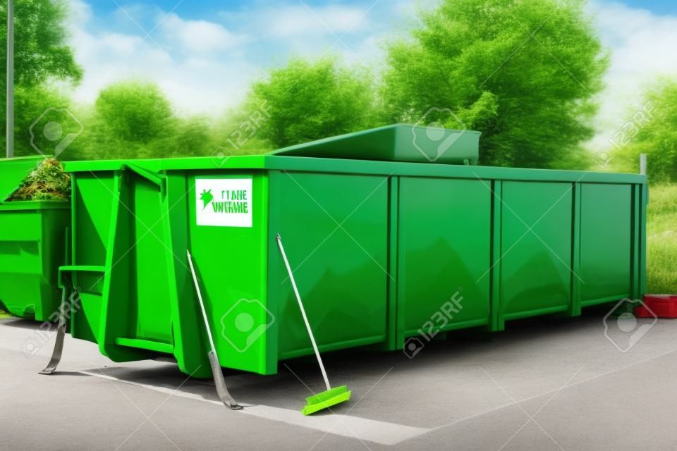 Gran contenedor de basura verde en la estación de clasificación de residuos local.
