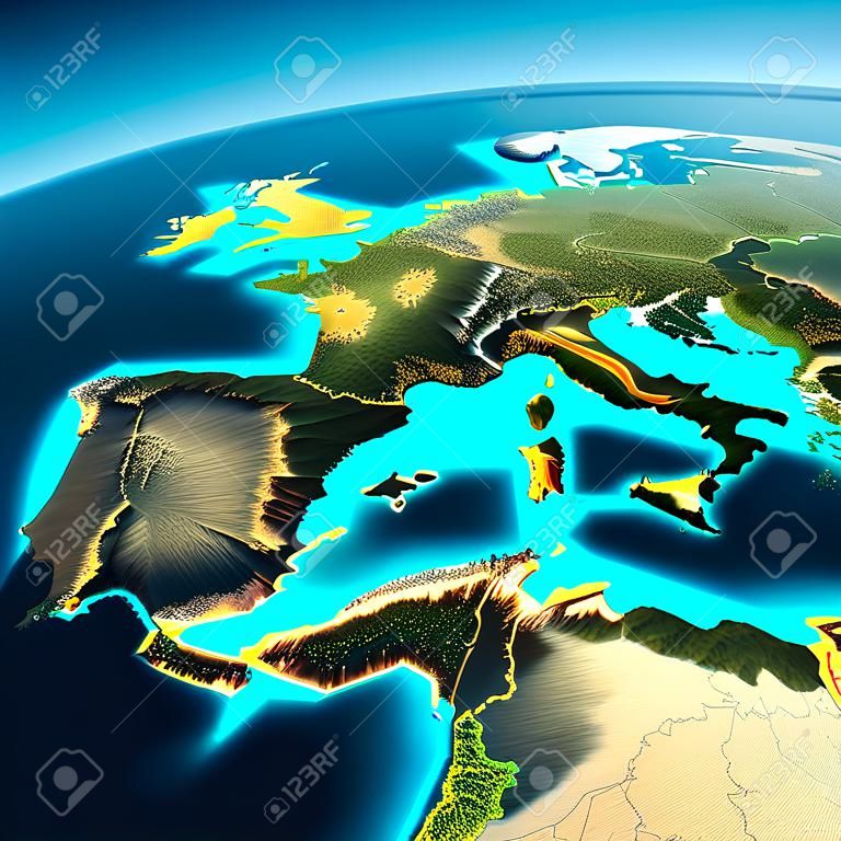 Highly detailed planet Earth in the morning  Exaggerated precise relief lit morning sun  Part of Europe, the Mediterranean Sea