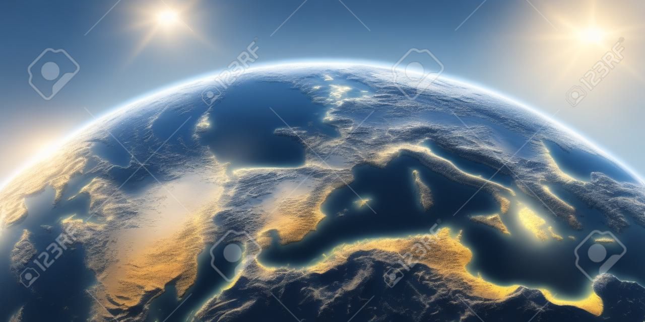 Pianeta Terra altamente dettagliato al mattino. Esagerato rilievo preciso illuminato dal sole mattutino. Parte dell'Europa, il Mar Mediterraneo. Rendering 3D.