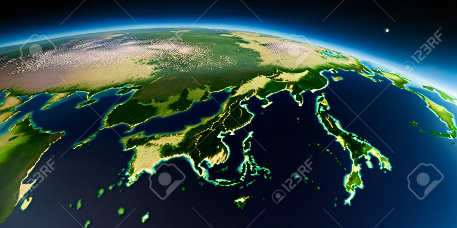Pianeta Terra altamente dettagliato al mattino. Sollievo preciso esagerato illuminato dal sole mattutino. Parte dell'Asia, il mare giapponese. Rappresentazione 3D.