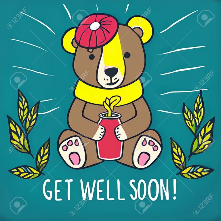Get well soon card with teddy bear. Vector illustrated card.