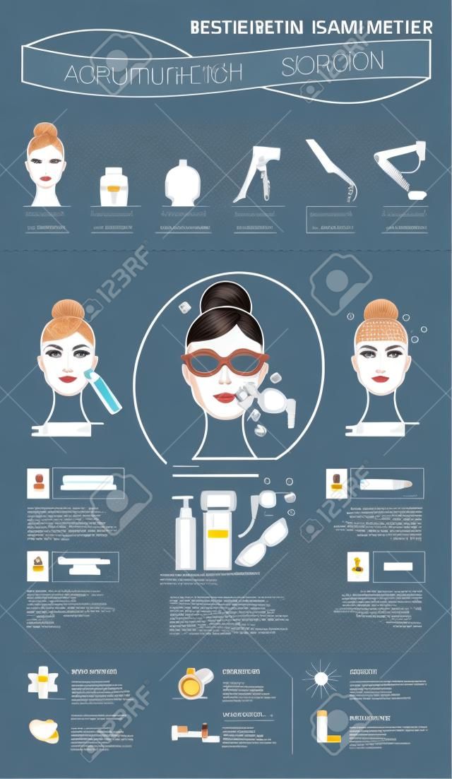 Vector conjunto ilustrado con salón de cosmetología La depilación láser. Infografía con los iconos de los procedimientos médicos cosméticos para la piel.