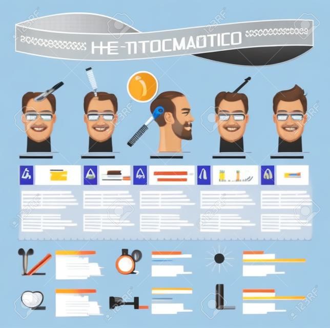 Vector Illustrated set with hair transplant surgery. Infographics with icons of plastic surgery procedures.