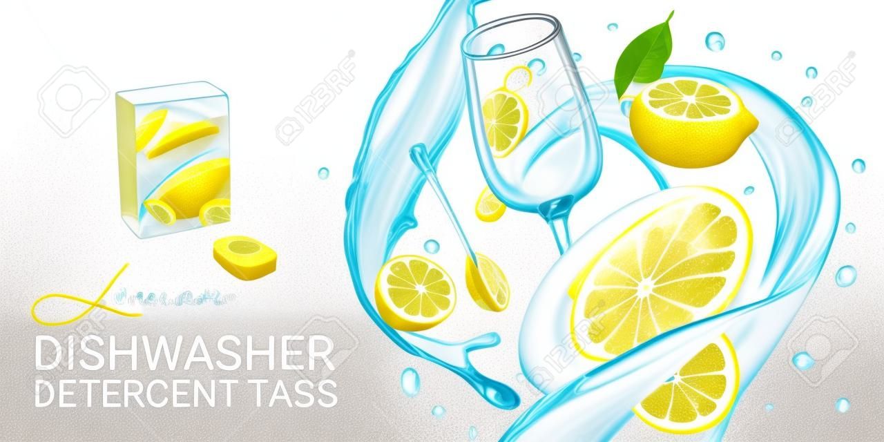Annunci di detersivo per lavastoviglie con limone. Illustrazione realistica di vettore con piatti in acqua spruzzata e agrumi. Banner orizzontale