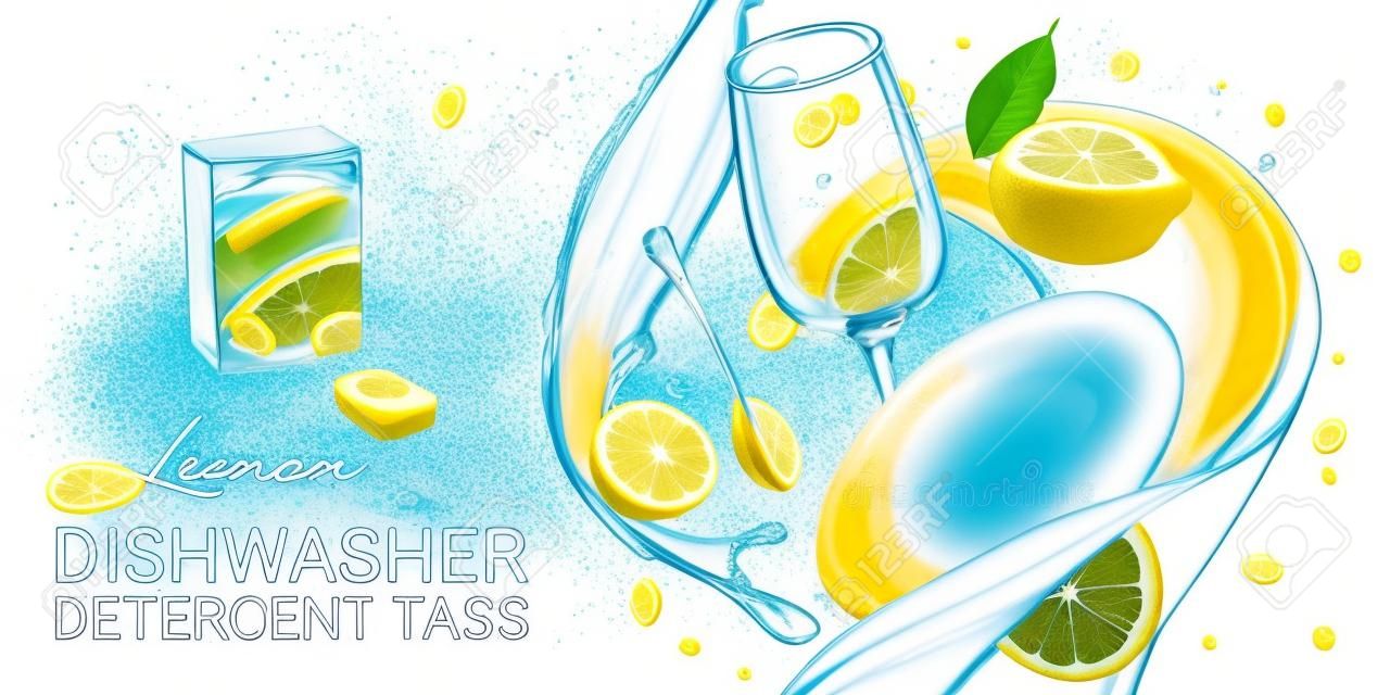 Limpiador de fragancia Limón tabletas pestañas anuncios. Vector ilustración realista con platos en splash de agua y cítricos. Banner horizontal