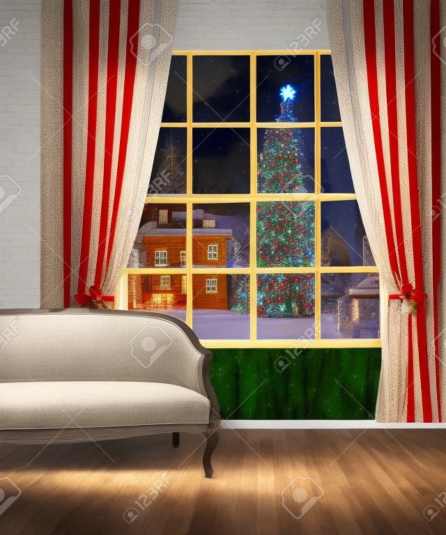클래식 가구 인테리어 방에서 크리스마스 마을보기 창