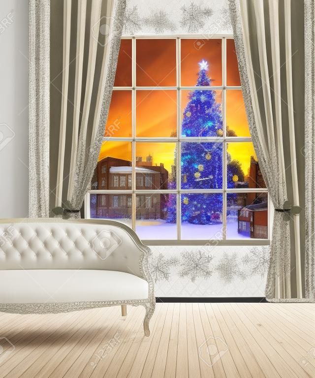클래식 가구 인테리어 방에서 크리스마스 마을보기 창