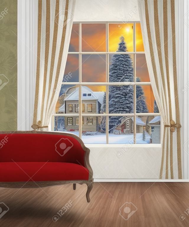 Navidad pueblo ventana de la vista desde la habitación interior clásico, muebles