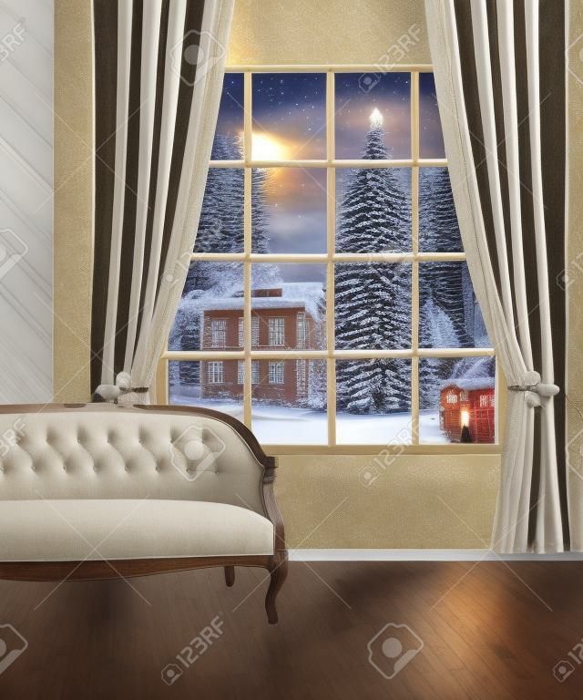 Рождество видом на город из окна классический интерьер комнаты мебель